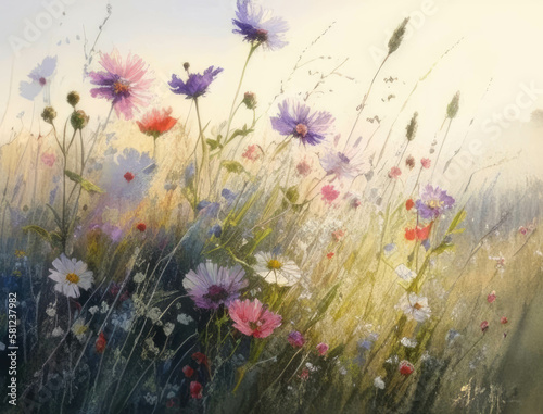 A serene field of wildflowers bathed in the morning light. AI generation.