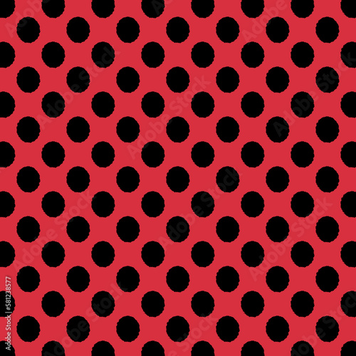 Seamless Backdrop with big Polka Dot pattern. Polka dot fabric. Casual stylish black polka dot texture on coral background. Abstract and textures.