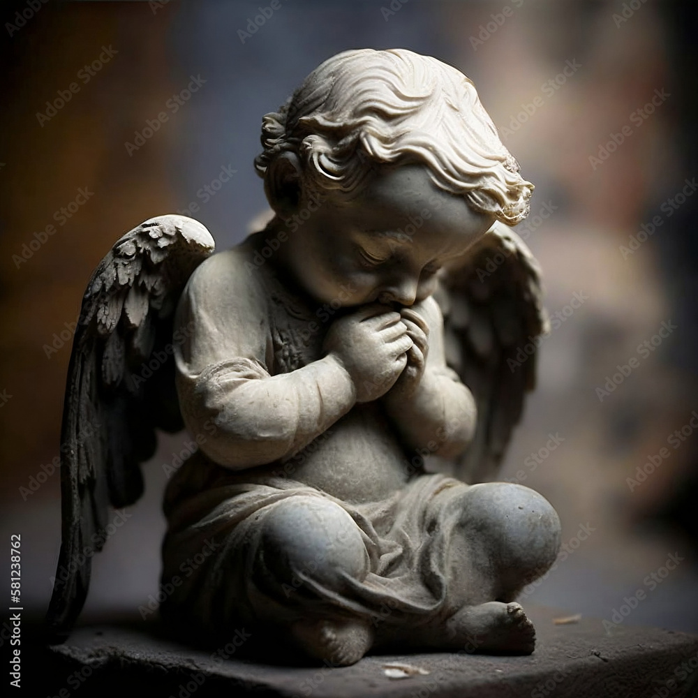 Naklejka premium Praying Angel Statue in Tranquil Garden