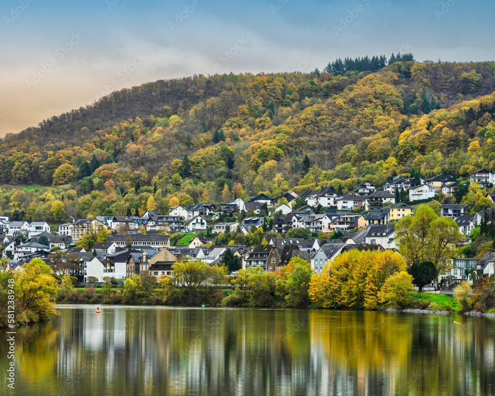 Sehl village on Moselle river during autumn in Cochem-Zell district in Rhineland-Palatinate, Germany