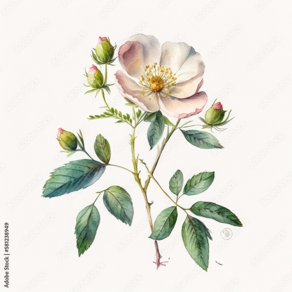 Fototapeta premium a watercolor wild rose illustration, botanical illustration, branches, nature, spring-themed illustration, generative ai