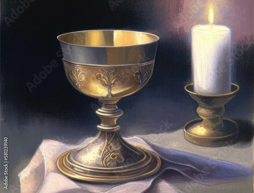 A golden chalice glimmers in the candlelight a symbol of faith. AI generation.