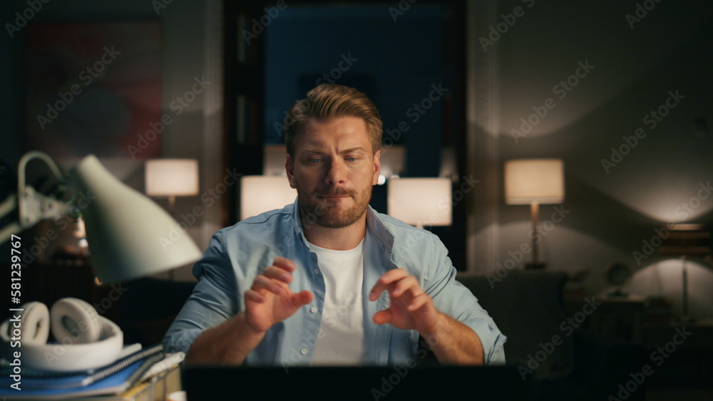 Excited blogger singing home closeup. Man dancing pretending playing drums Excited blogger singing home closeup. Man dancing pretending playing drums