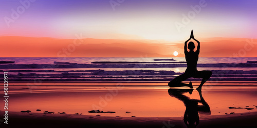young woman in silhouette doing yoga in the lotus pose while meditating on the beach - Generative AI