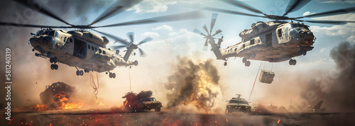 Valokuva military choppers or helicopters crosses fire and smoke in the desert to execute military landing or extraction, wide poster design with copy space area