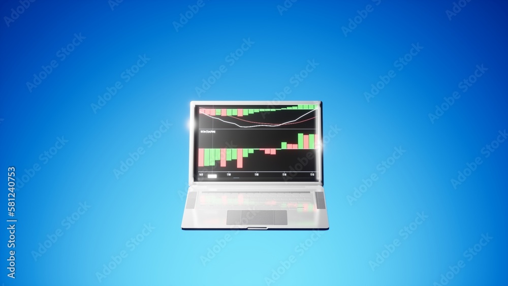 3d illustration of laptop open with graph stock market trading on blue background vignette