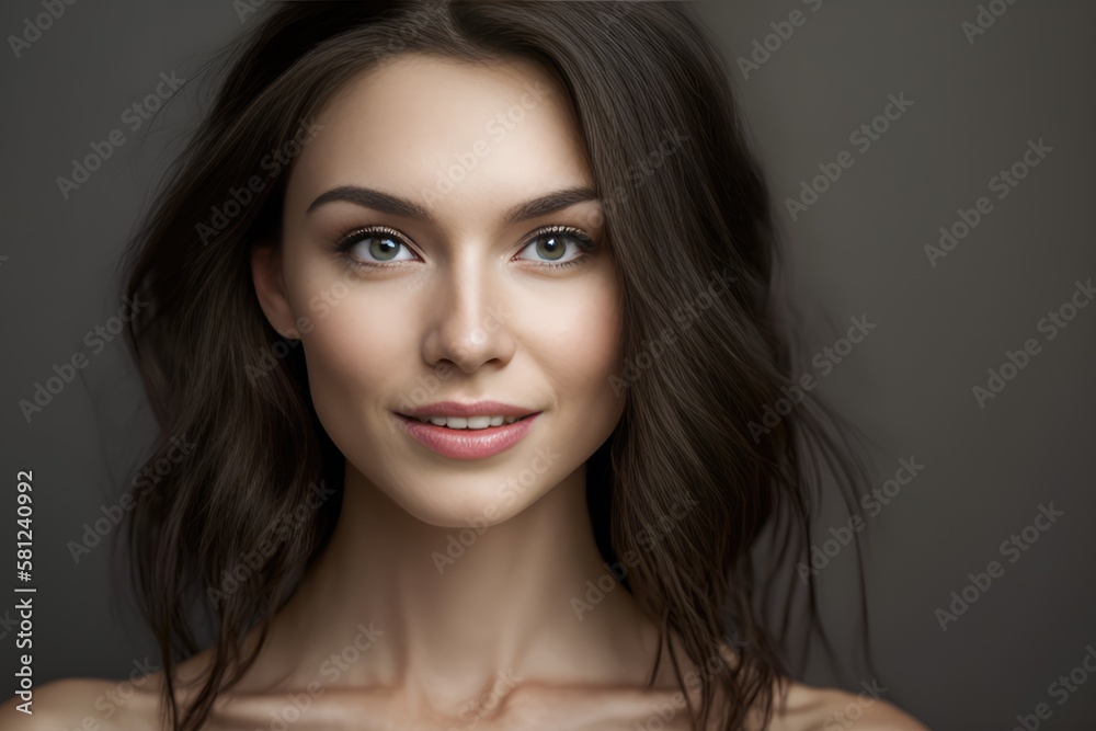 Fototapeta premium Beautiful woman brunette beauty close-up portrait on gray background. Generative AI