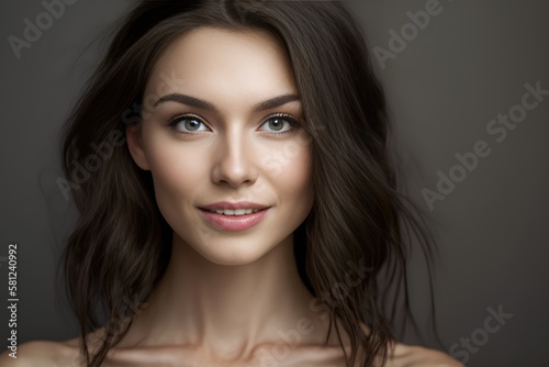 Beautiful woman brunette beauty close-up portrait on gray background. Generative AI © Adriana