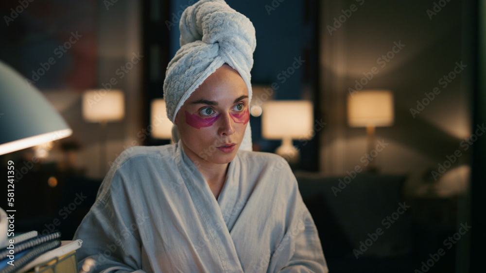 Creative copywriter working computer at home. Woman preparing report remotely Creative copywriter working computer at home. Woman preparing report remotely
