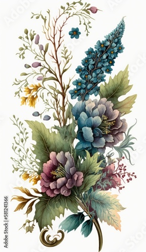 a watercolor bouquet illustration assortment of flowers, branches, nature, spring-themed illustration, generative ai © Purple Penguin GFX