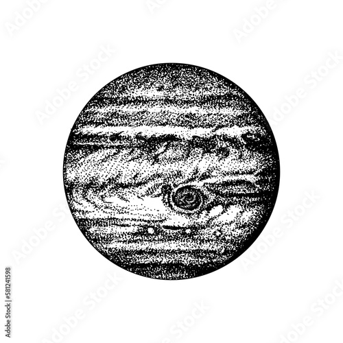 Jupiter Planet. Gas giant. Astronomical galaxy space. Engraved hand drawn in old sketch, vintage style for label.