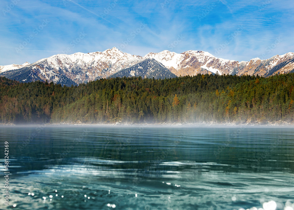 A view of German Alp Mountains and Lake Eibsee