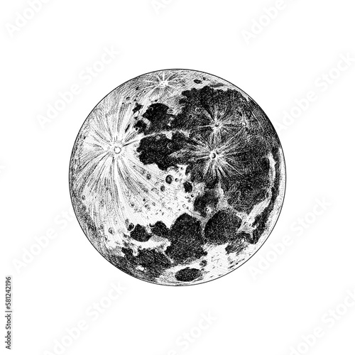 Moon. Natural satellite. Astronomical galaxy space. Engraved hand drawn in old sketch, vintage style for label.