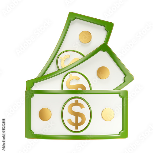 Dollar bills 3D illustration. Styized money icon on a transparent background