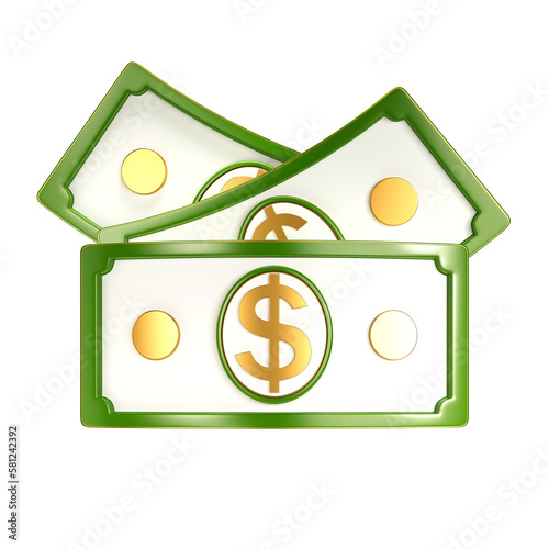 Dollar bills 3D illustration. Styized money icon on a transparent background