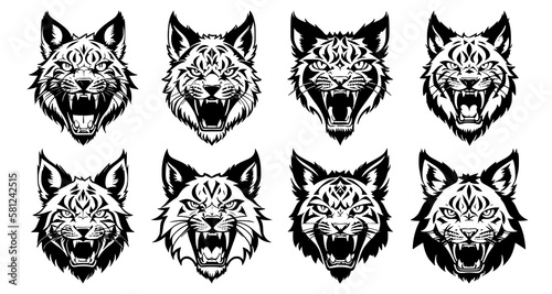 Set of lynx heads with open mouth and bared fangs, with different angry expressions of the muzzle. Symbols for tattoo, emblem or logo, isolated on a white background.