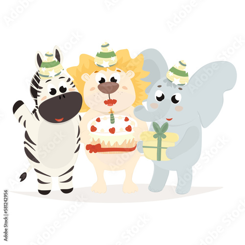 Three cute animals. Holiday card, flyer, party.