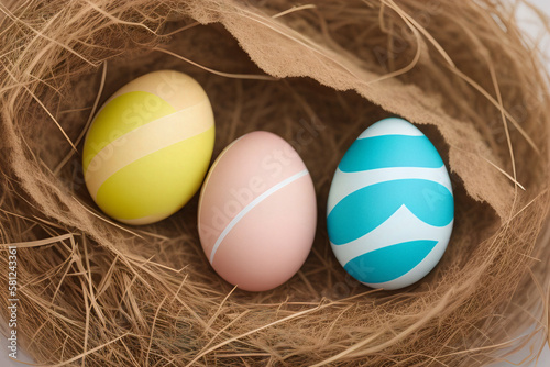 Three Beautiful colorful bright Easter eggs in the nest. Painted eggs. Religious holiday, wallpaper, background. Generative AI  .
