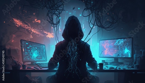 A shadowy figure rapt in a web of cyberculture and connected to an explosive information overload. Cyberpunk art. AI generation.