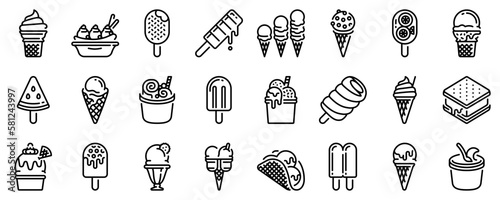 Line icons about ice cream on transparent background with editable stroke.