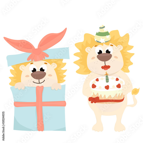 Two isolated bright lions. For cards, birthday flyers.