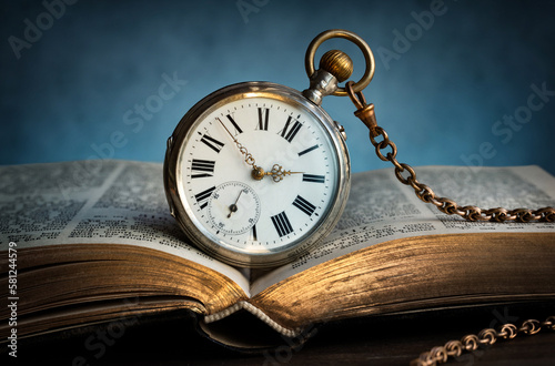 The clock lies on an old book. Clock as a symbol of time, the book is a symbol of knowledge and science. Concept of time, history, science, memory, information. Vintage watch, clock background.
