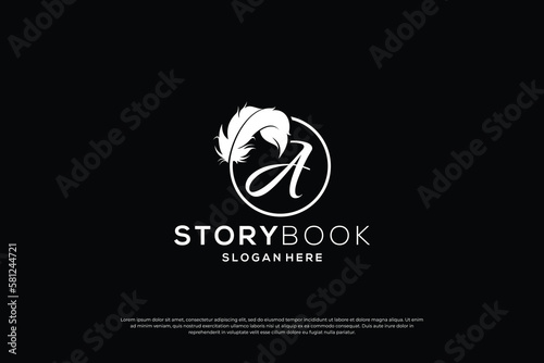 Author logo design. quill signature with letter A combination logo concept.