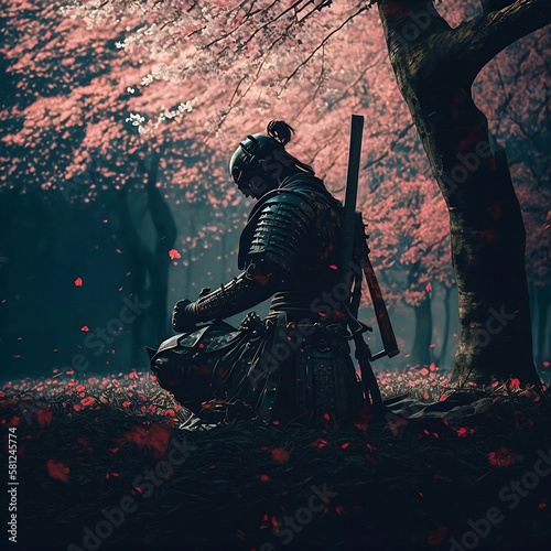 a samurai sitting under a cherry blossom tree