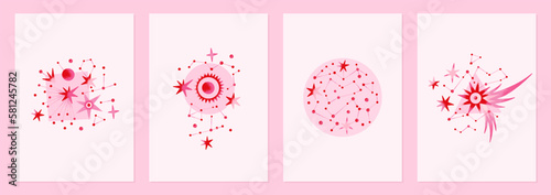 Set of vector illustrations of abstract celestial bodies isolated on white backgrounds. Constellations, stars, planets. Space universe. Esoteric cosmic designs for posters, notebook. Red and pink