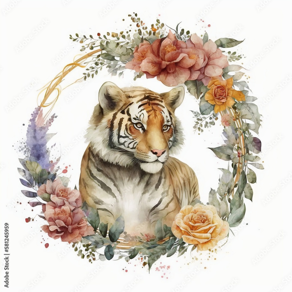 Beautifully watercolor painting of a tiger surrounded by a wreath of colorful flowers and leaves on white background, Generative AI