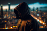 Hooded man in a hood looks at the city at night.generative ai