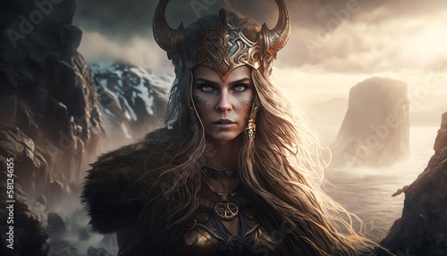 Fantasy scene. Blonde woman in the warior helmet. Viking`s God Queen. On a sea and rocks background. Ai genersted