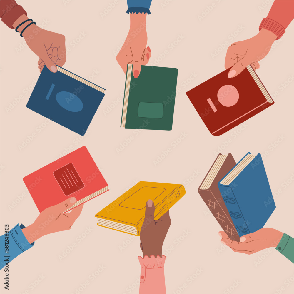 Books exchange or crossing concept. Hands holding books. People