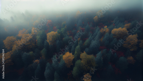 Foggy morning in the coniferous forest. generative ai