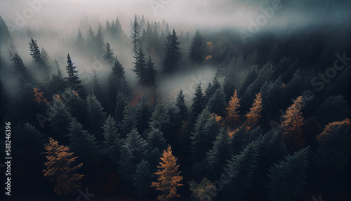 Foggy morning in the coniferous forest. generative ai