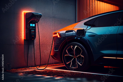 Charging an electric car at night. Concept of ecological transport.generative ai