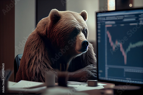 Bear in front of computer monitor with stock market data.generative ai