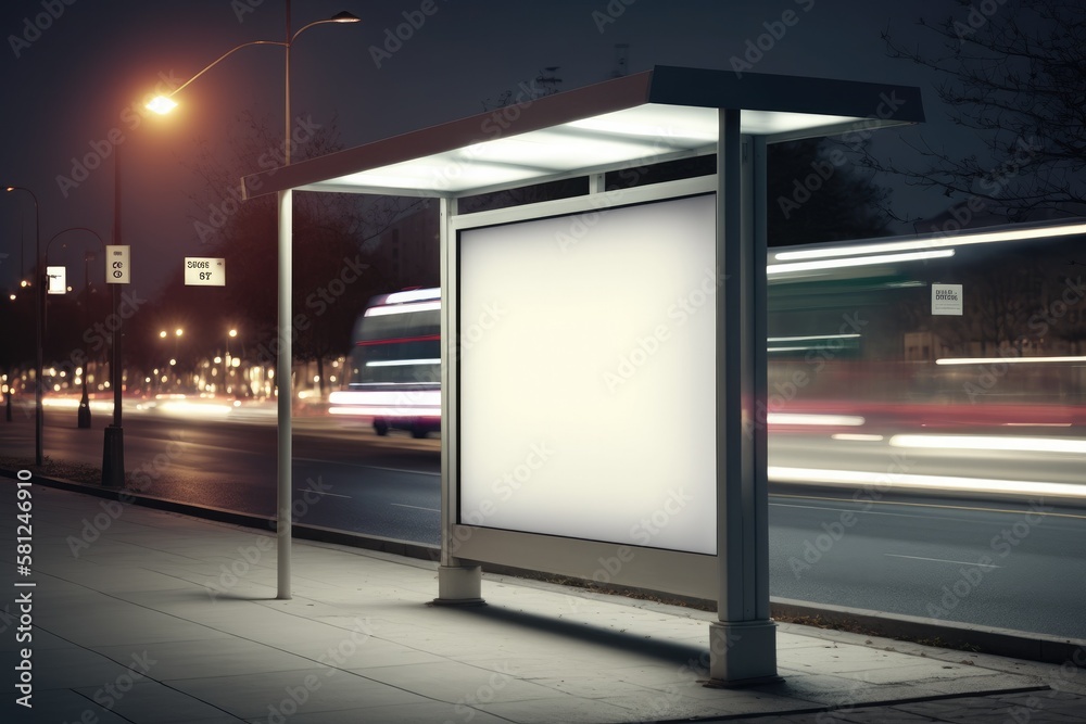 Fototapeta premium Billboard with light in the city center at night, with bus in motion Generative AI