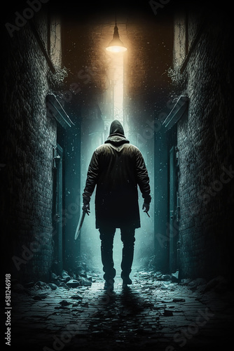 Dangerous criminal in a hoodie in a dark and grungy alley.  Generative AI.