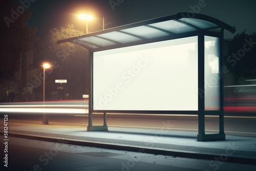 Billboard with light in the city center at night, with bus in motion Generative AI