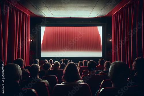Cinema auditorium with red curtains and movie spotlight..generative ai