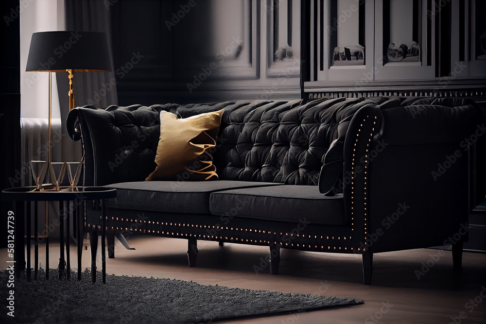Modern Black Leather Sofa With Pillows