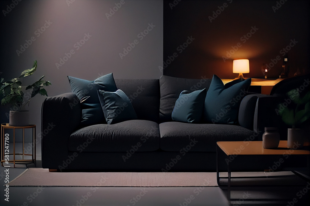 Modern black leather sofa with pillows on dark background.generative ai