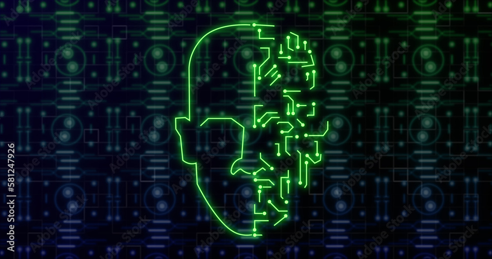 Image of digital head over network of connections and shapes Image of digital head over network of connections and shapes