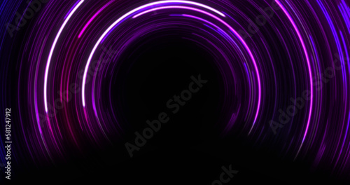 Image of purple and blue neon circle light trails on black background