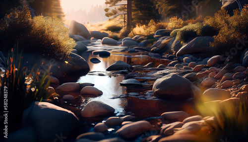 Mountain stream in the forest at sunset.generative ai