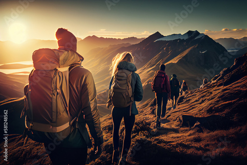 Hiking couple with backpacks in mountains at sunset.generative ai