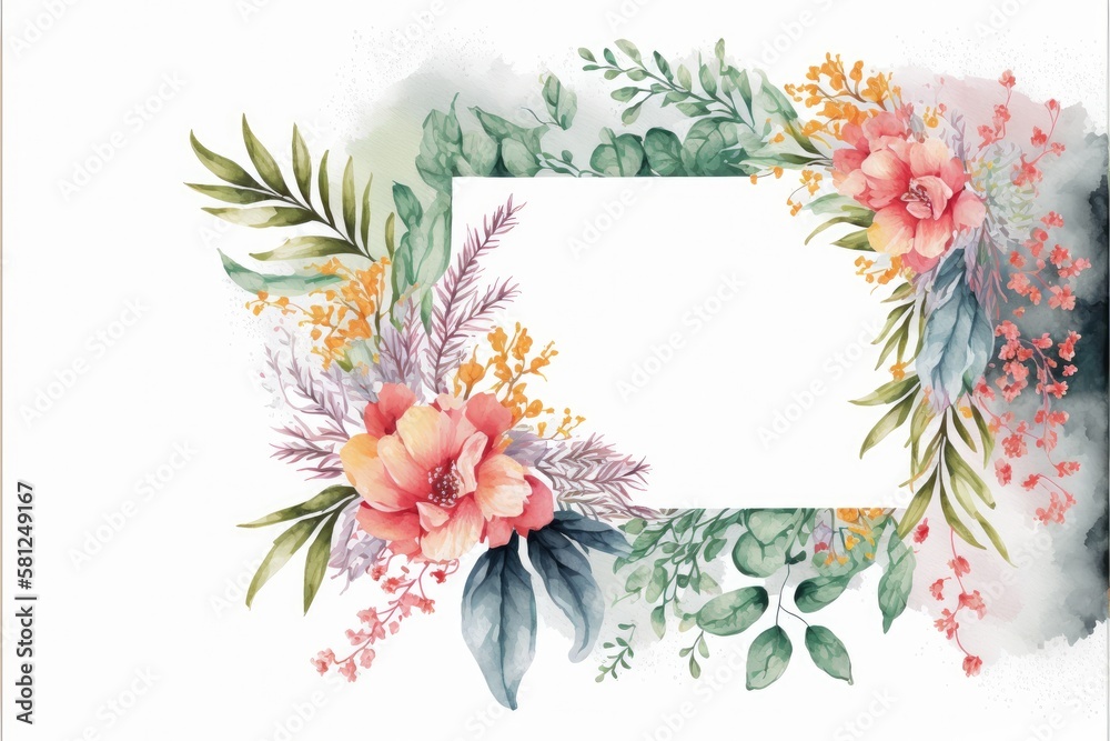 a picture frame border made of assorted watercolor flowers for wedding card, floral, high quality, roses, nature, spring, generative ai
