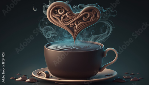 Ein süßer Morgen voller Liebe: Kaffee mit Herzchen und cremigem Schaum in einer Tasse aus braunem Cappuccino serviert, auf einem rustikalen Holztisch