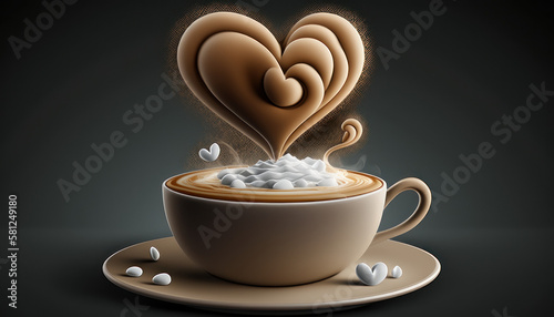 Ein s    er Morgen voller Liebe  Kaffee mit Herzchen und cremigem Schaum in einer Tasse aus braunem Cappuccino serviert  auf einem rustikalen Holztisch